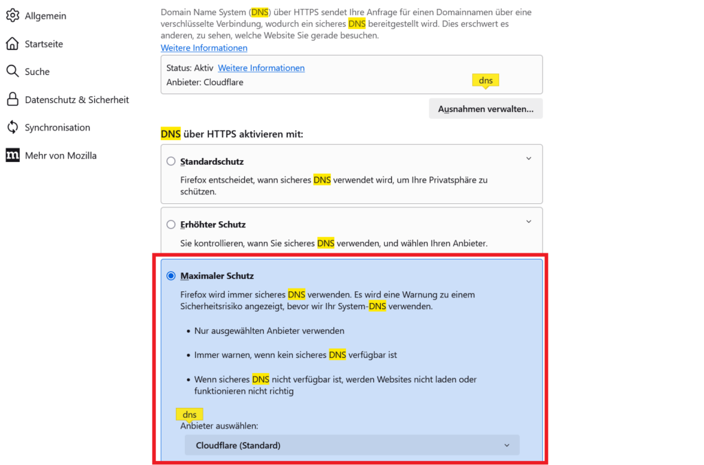 DNS over HTTPS in Firefox aktivieren